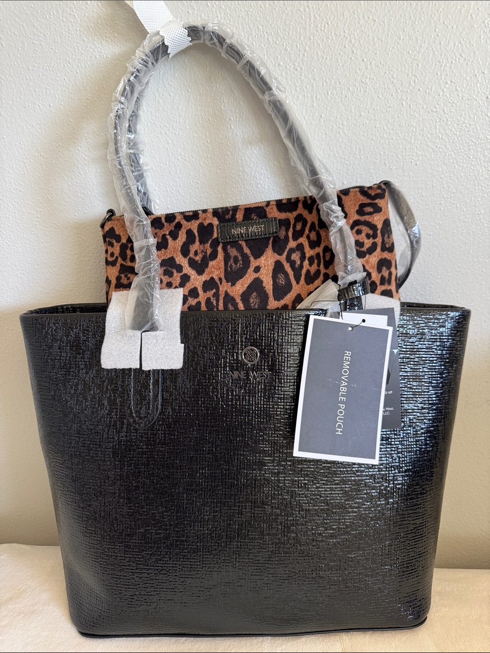 Nine West Black Tote with Leopard-Print Removable Pouch